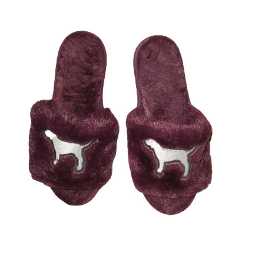 Victoria's Secret Pink Women's Fuzzy Slippers Size 7-8 Purple Silver Soft